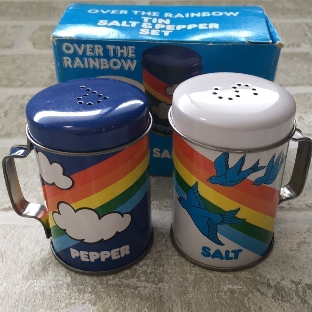 Vintage 1980s Giftco Over The Rainbow Tin Salt and Pepper Shaker Set Retro Blue